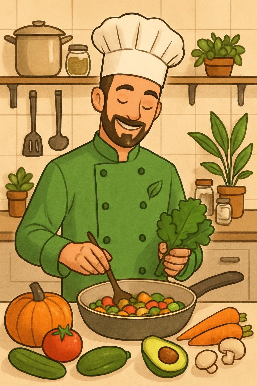Illustrazione di Gianluca mentre prepara un piatto di cucina vegetale